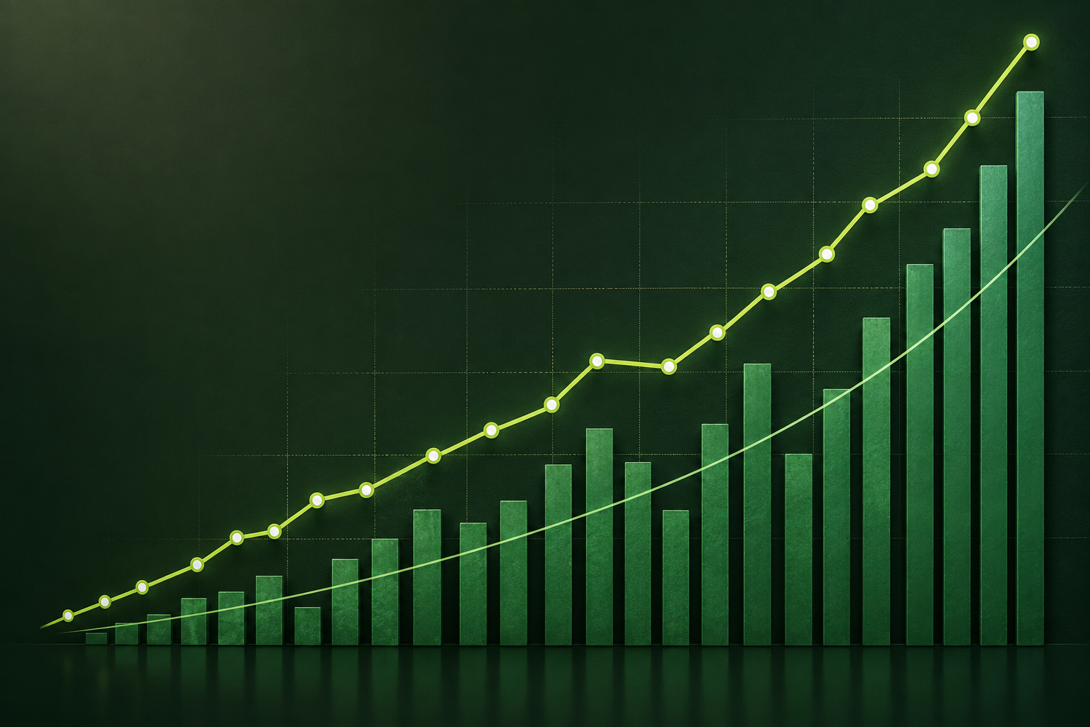 Gráfico empresarial em verde com barras, linha de crescimento e tendência de resultados.